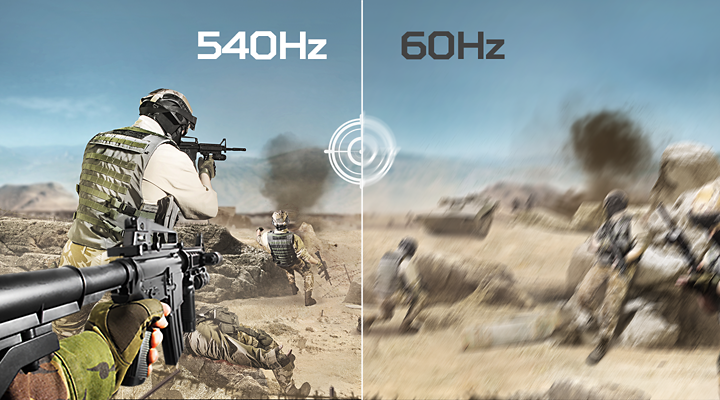 Vergleich einer Shooter-Szene bei 540 Hz und 60 Hz